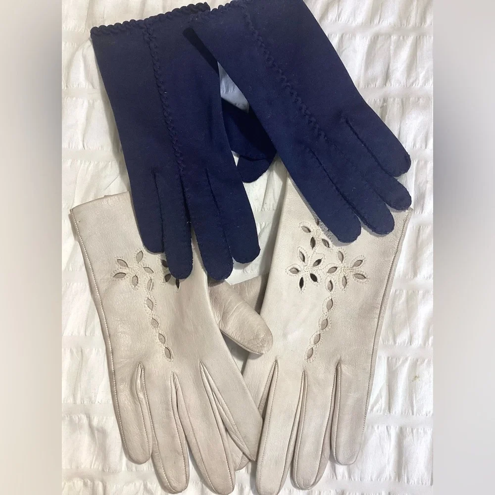 Womens Vtg Set Of Gloves Small Eyelet Cutout Leather & French Knot Fabric